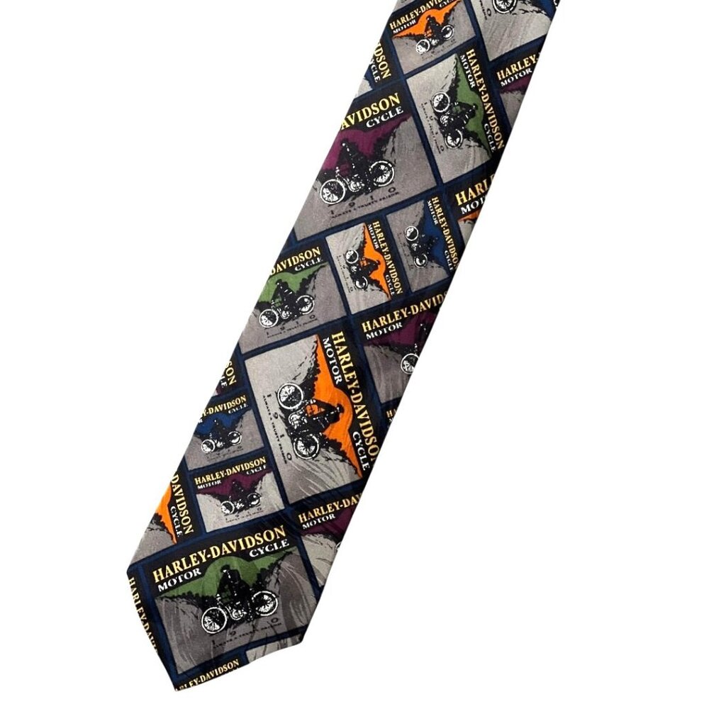VTG 90s HARLEY DAVIDSON 1910 Print Necktie RM Style‎ Ralph Marlin USA SILK Retro